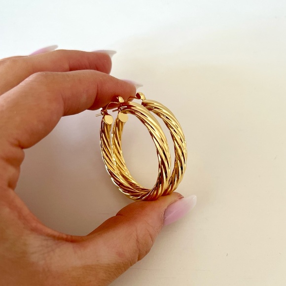 Gold Twist Thick Hoop Braid Earrings Stylish Hoops - Picture 3 of 4